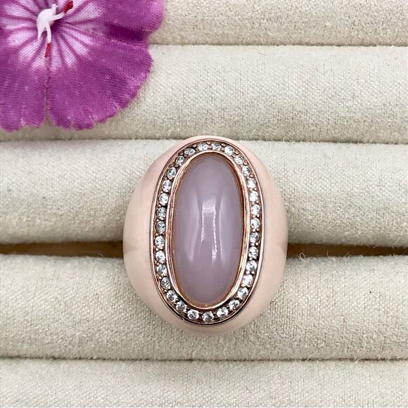 DBJ Dee Berkley Cocktail Right Hand Ring Chunky Pink Enamel Pave Halo Statement - Picture 4 of 16